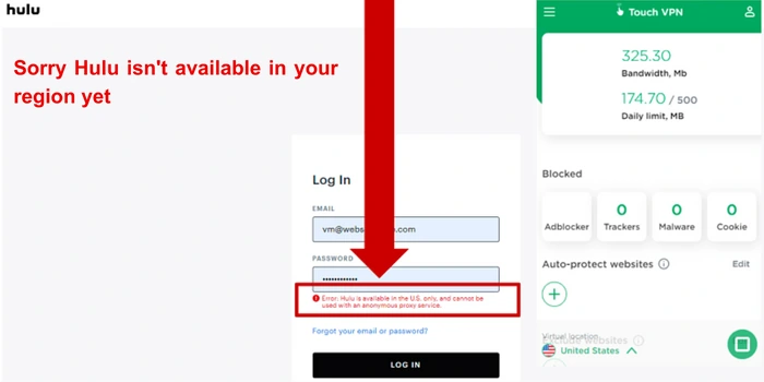 touch vpn unable to bypass hulu